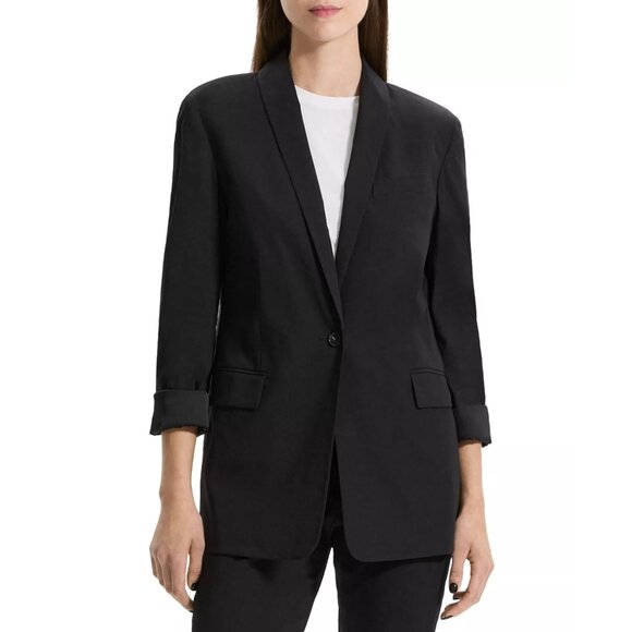 475$ Theory Linen Shawl Collar Blazer Jacket Rolled Sleeve Women's Size 12 Black - Picture 1 of 1